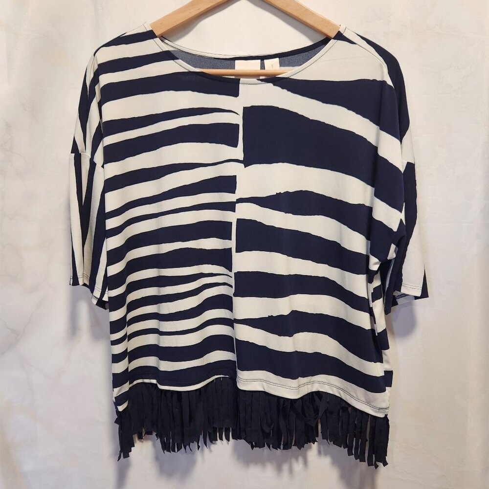 Chico's Size 1 Broken Stripe Knit Top Navy Blue and White 3/4 Sleeve Fringe Hem